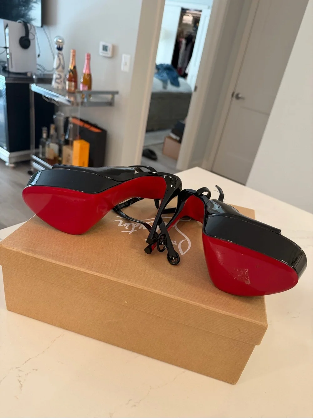 Christian Louboutin Black Patent Platform Slingback Heels with Red Sole